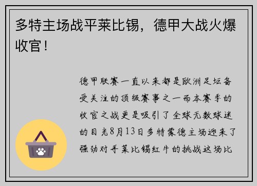 多特主场战平莱比锡，德甲大战火爆收官！